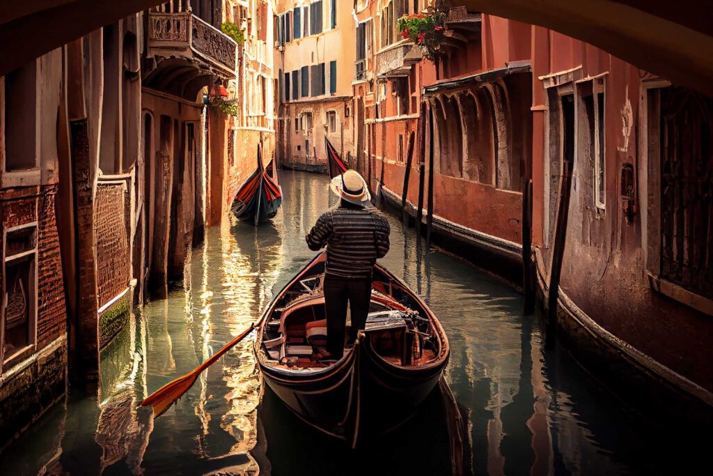 Uma gôndola que navega pelos canais de Veneza