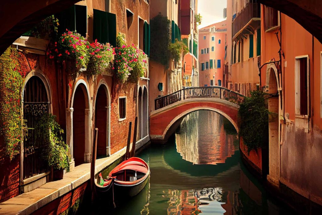 Casas floridas sobre um dos tantos canais de Veneza