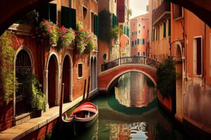 Casas floridas sobre um dos tantos canais de Veneza