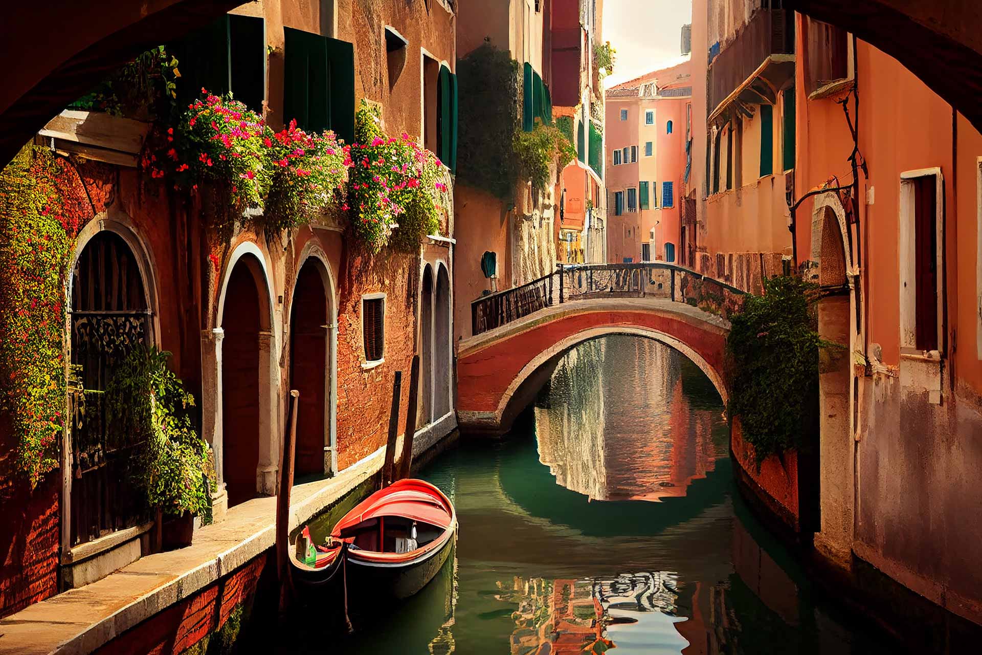 Casas floridas sobre um dos tantos canais de Veneza