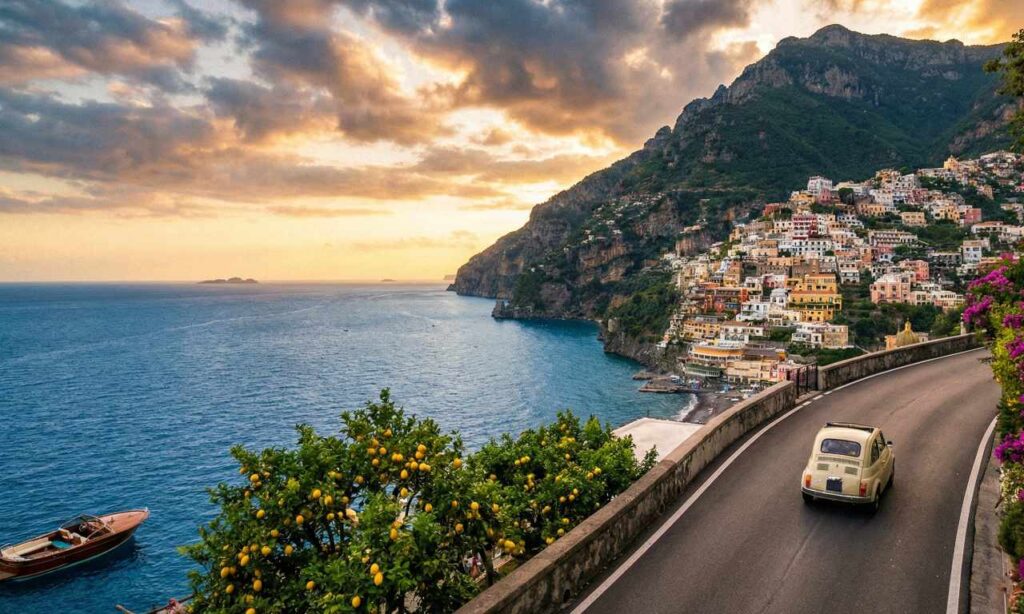 Uma cinquecento rodando per vias estreitas da costa amalfitana