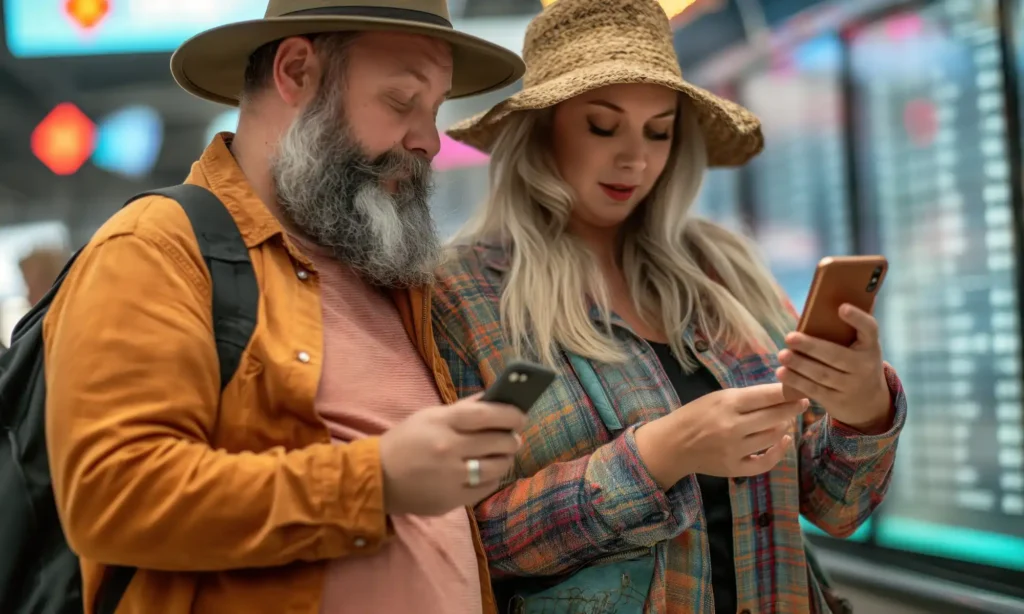 Casal de turistas no aeroporto olhando para as telas dos celulares, ilustrando a praticidade de usar o melhor eSIM Itália para ter internet móvel assim que desembarcar.