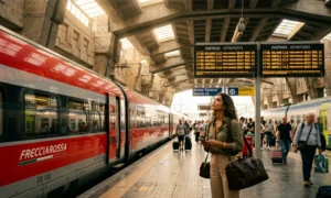 Trem de alta velocidade Frecciarossa na plataforma da estação Roma Termini com viajante consultando painel de viagens na Itália.
